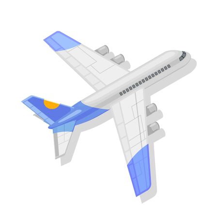 White with blue details flying airplane, jet aircraft, airliner. Fast express freight delivery, global international transportation concept. Vector isometric illustration isolated on white background.のイラスト素材