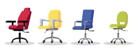 Set office chairs with casters. Modern desk height adjustable armchair. Side view. Furniture item for workplace at company or at home. Vector flat icon isolated on white background.のイラスト素材