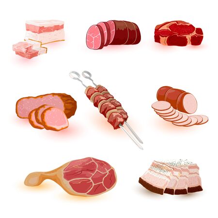 Big set with assortment of raw and prepared meaty products salo, high-fat bacon, sausage, kielbasa, salami, steak, fillet, ham, shashlik, barbeque, kebab, gigot. Cold cuts luncheon meats Cartoonのイラスト素材