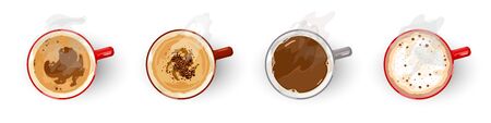 Different types of tasty coffee, assortment americano, cappuccino, espresso, flat white, irish, latte, long black, macchiato, mochaccino, vienna Top view Vector cartoon set isolated on whiteのイラスト素材