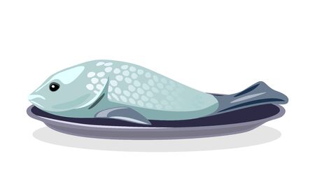 Whole raw, salted or smoked bright silver fish is on plate. Marinated herring, salmon, pink humpy. Seafood preparation process. Vector cartoon illustration isolated on white background.のイラスト素材