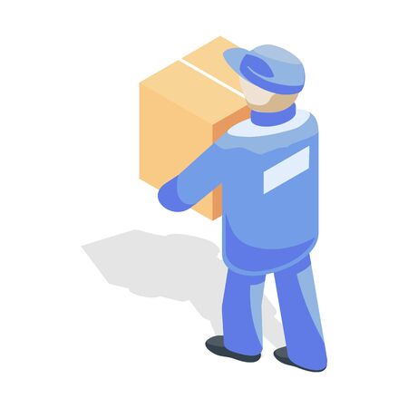 Loader or mover in blue uniform carrying cardboard box. Loading of goods, transportation, relocation concept. Transport or removal company services. Vector isometric illustration isolated on white.のイラスト素材