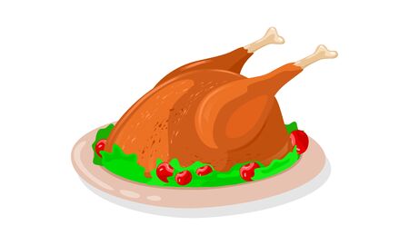 Crisp roasted whole chicken garnished by greenery and red cherries is on dish. Fried turkey or goose is on plate cooked for festive table. Cartoon vector illustration isolated on white background.のイラスト素材