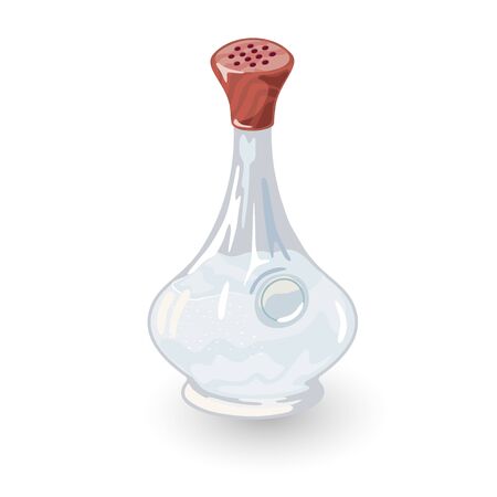 Salt is in glass salt-cellar or shaker with red plastic lid. Transparent kitchen jar, tin. Cartoon vector illustration for advertisment, packing, label isolated on white background.のイラスト素材