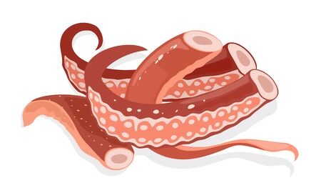 Seafood freeze. Tentacles of squid or arms of octopus. Can be braising, boiling, searing, and grilling for consumption. Vector cartoon illustration on white for cookbooks, recipes, market labels.のイラスト素材
