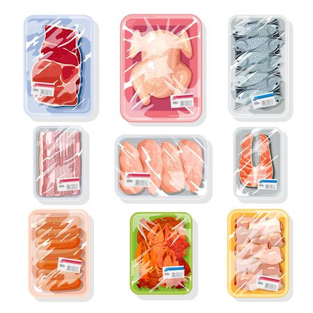 Big vector set with meat, poultry, seafood on plastic trays covered with polyethylene kitchen saran film. Vacuum packaging for storage, transportation of chicken, crawfish, beef steak, sausages.のイラスト素材