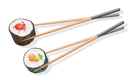 Two couples of wooden chopsticks holding tekkamaki and futomaki sushi rolls. Dinner, lunch in japanese restaurant, bar. Vector realistic illustration isolated on white background.のイラスト素材