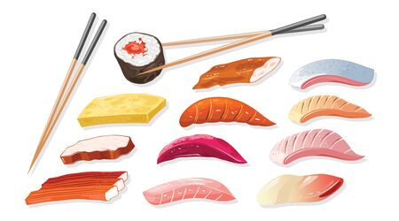 Big vector set with ingredient for cooking japanese sushi, sashimi, maki, norimaki different varieties of fish, crab meat, shellfish and chopsticks. Realistic illustration for menu, cookbook, recipe.のイラスト素材