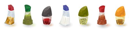 Assortment, variety of red, green, yellow spices is in glass shakers, tins, pepper casters in line saffron, indian spice, garam masala, salt, tarragon, paprika, turmeric. Vector cartoon set on white.のイラスト素材