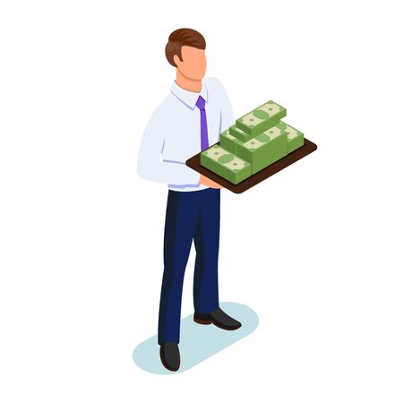 Brunet faceless businessman in shirt, tie, blue trousers standing and keeping piles of banknotes on tray. Success in business, financial placements, investments, profit concept. Vector isometric.のイラスト素材
