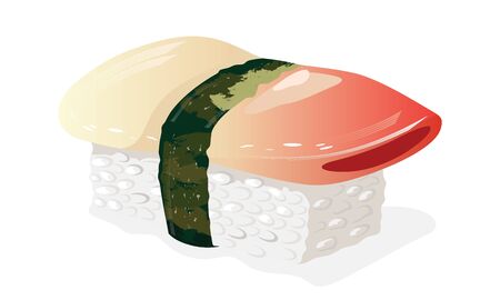 Hokkigai sushi. Boiled rice topped with piece of shellfish and wrapped around with strip of nori seaweed. Asian seafood, snack. Vector realistic illustration isolated on white background.のイラスト素材