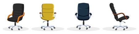 Set with rolling office chairs, armchairs in different colors blue, yellow, black from artificial leather. Front, side, thee quater view. Furniture items for work or home. Vector isolated on white.のイラスト素材