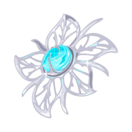 Elegant floral carved platinum, white golden or silver brooch, charm or pendant with five petals and light blue transparent aquamarine or topaz in centre. Beautiful accessory. Realistic vector.のイラスト素材
