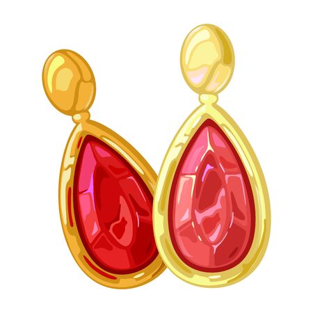 Stylish dangling drop shape yellow gold earrings or earclips with red gemstones garnet, pyrope, rhodolite or ruby. Quality accessories, bijouterie. Vector realistic illustration isolated on white.のイラスト素材