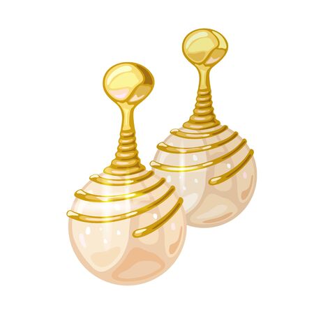 Fashionable dangling spiral shape yellow gold earrings with natural white pearl or opal. Elegant accessories vector realistic illustration for fashion, jewelry, bijouterie catalogue, showcase, websiteのイラスト素材