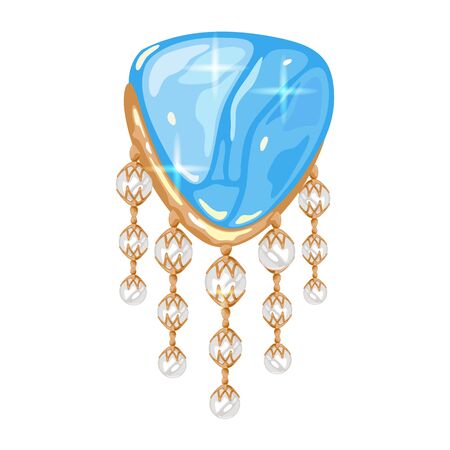 Stylish golden brooch, charm or pendant with big triangle light blue transparent aquamarine or topaz and five dangling filaments with round white opals, pearls or diamonds. Vector realistic.のイラスト素材