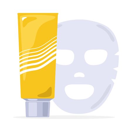 Yellow tube with grey lid. Rejuvenating mask with vitamins, minerals. Cosmetic clay or mud for beauty, smooth, treatment, clarifying face or body skin. Vector illustration isolated on white.のイラスト素材