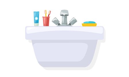 Shiny sink with toiletries, personal hygiene accessories toothpaste, two toothbrushes in red cup, blue soap in yellow box, dish, holder. Vector illustration isolated on white background.のイラスト素材