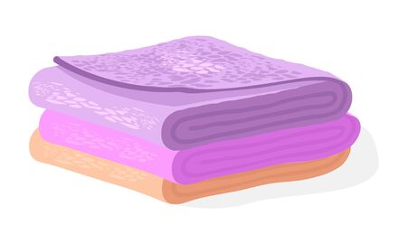 Pile of orange, pink, violet soft terry towels for hair, face, hands, body, floor. Bathroom or washroom accessories for home, hotel, wellness center, spa club. Vector cartoon illustration on white.のイラスト素材