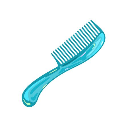 Blue plastic tooth comb for men or women. Hair care item. Personal hygiene and beauty product. Bathroom, washroom supplies. Vector cartoon illustration isolated on white background.のイラスト素材