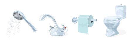 Assortment of metal and ceramic bathroom fixtures, washroom equi ment, sanitary fittings metallic shower head, water tap, faucet, toilet paper holder, ceramic shiny flush toilet bowl, WC pan. Set.のイラスト素材
