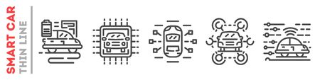 Big set of smart autonomous car and his service thin line icons isolated on white. Intelligent vehicle outline pictograms collection. Futuristic transport vector elements for infographic, web.のイラスト素材