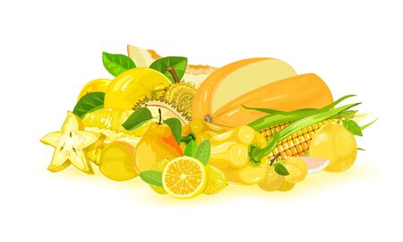 Stack with fresh yellow vegetables and fruits in food market or grocery apple, melon, carambola, maize, lemon, bell pepper, pear, myrobalan, pomelo, durian. Vegetarian cuisine. Vector on white.のイラスト素材