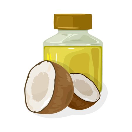 Fresh coconut halves are near transparent jar closed by cap with curative oil. Used for cooking, body and hair care, for massage, in cosmetic products. Vector illustration isolated on white.のイラスト素材