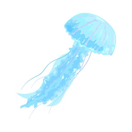 Beautiful swimming blue and violet jellyfish. Marine underwater animal, creature. Sea travel, voyage, tourism, summer vacations concept. Vector cartoon illustration isolated on white.のイラスト素材