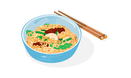 Light blue bowl of Jajangmyeon with chunjang and chopsticks. Korean-style Chinese noodle dish topped with thick sauce made of tianmian sauce, diced pork and vegetables. Vector isolated on white.のイラスト素材