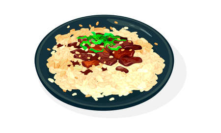 Plate of Bulgogi or fire meat. Grilled or fried pre-marinated thin slices of beef or pork garnished with scallions, boiled rice. Korean, asian cuisine. Vector illustration isolated on white for menu.のイラスト素材