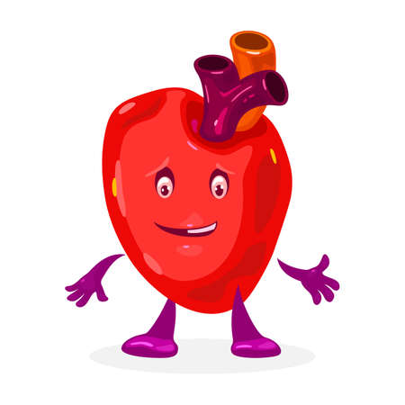 Heart character with legs, hands and smile. Vector funny facial expression and emotion. Main organ in human body. Medicine and anatomy design. Isolated on white backgroundのイラスト素材