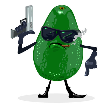 Cool avocado in glasses with gun smoking cigarette, fruit with eyes, hands, legs and mouth. Vector vitaminized food, dietary and nutritious design isolated on white backgroundのイラスト素材