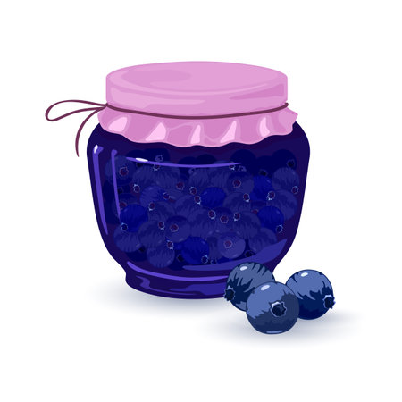 Glass jar with vitaminized fruit jelly, dessert, sweet snack, homemade confiture. Vector whole sugar berries, delicious food, summer harvest design isolated on white backgroundのイラスト素材