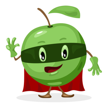 Green superhero fruit apple in costume, ripe delicious fruit. Vector character with eye, mouth, hands and legs wave hello, vegetarian food design isolated on white backgroundのイラスト素材