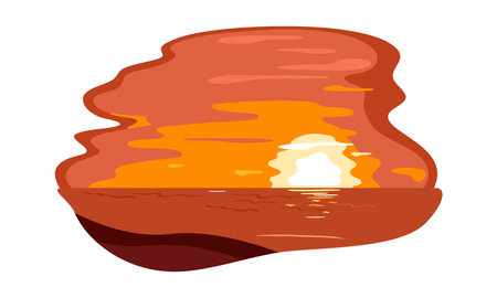 Tropical sunset over coast, exotic paradise, panorama view. Vector burning orange sun hiding over horizon, desert island, coastline and oasis design isolated on white backgroundのイラスト素材