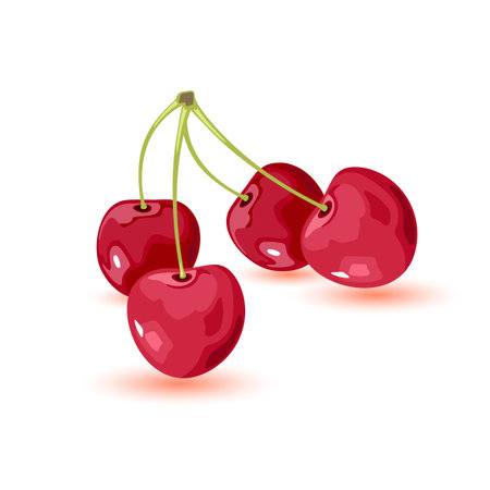 Ripe cherry with leaves. Two sweet red berries. Cartoon vector icon isolated on white background for packing design, print, advertisement. Ingredient for vegetarian, vegan, diet food.のイラスト素材