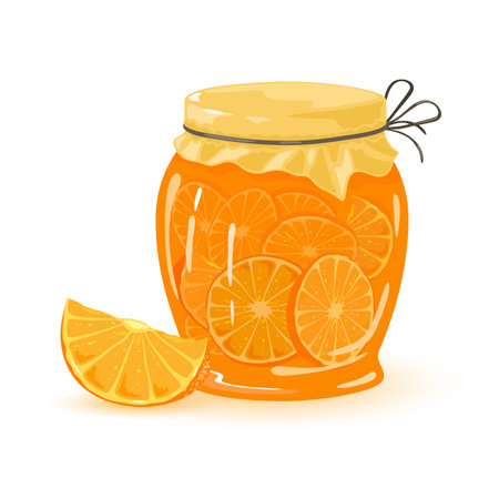 Glass jar filled with sour and sweet fruit orange, sweet caramelized dessert. Vector snack for tea, homemade vitaminized canned product, cooking idea isolated on white backgroundのイラスト素材