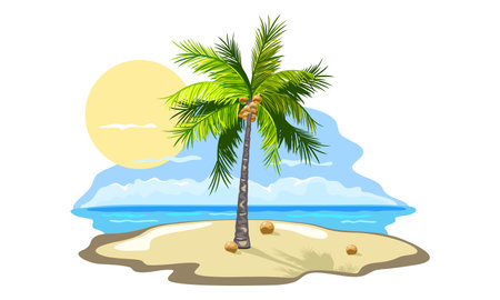 Exotic fruit on sand, burning sun, blooming tropical tree, paradise island. Vector dream, oasis, ocean and nature landscape, travel, holiday idea isolated on white backgroundのイラスト素材