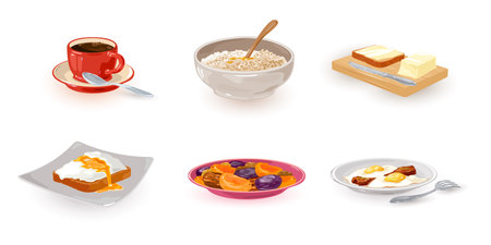 Collection of first meal of day, toast with butter. coffee, dried fruits, eggs and bacon, porridge in assortment. Vector fat and healthy food design isolated on white backgroundのイラスト素材