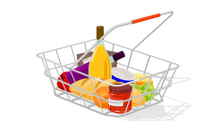 Shopping cart full of fresh products for cooking at home. Vector ingredients for dinner, food stock, vegetarianism, healthy living idea. Isolated on white backgroundのイラスト素材