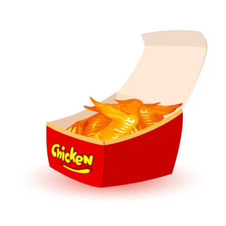 Golden crust and aromatic chicken wings, fast food, unhealthy eating, snack for teenagers. Vector marinated meat in sauce served in cardboard box. Takeaway idea isolated on whiteのイラスト素材