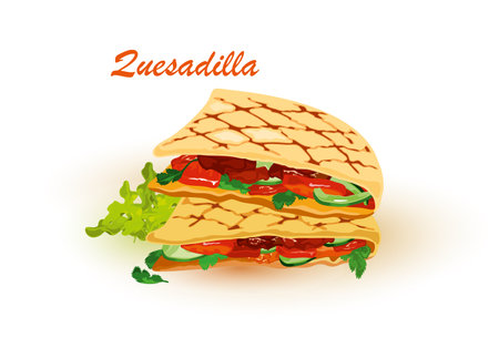 Cartoon of pita bread with stuffing baked on grill, vegetarian snack. Vector fresh lettuce, tomato, cucumber and sauce. Concept of fast food, quick cafe lunch isolated on white backgroundのイラスト素材
