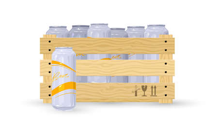 Cartoon bunch of lager or light beer drink in wooden box. Vector shipment to stores, alcohol transport, night club beverage, booze and alcohol export concept isolated on white backgroundのイラスト素材