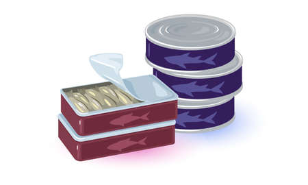 Cartoon canned seafood products in tin, preservation. Vector tasty fat protein meal, premium quality sardines, natural sea snack. Idea of cooked food, marine products isolated on white backgroundのイラスト素材