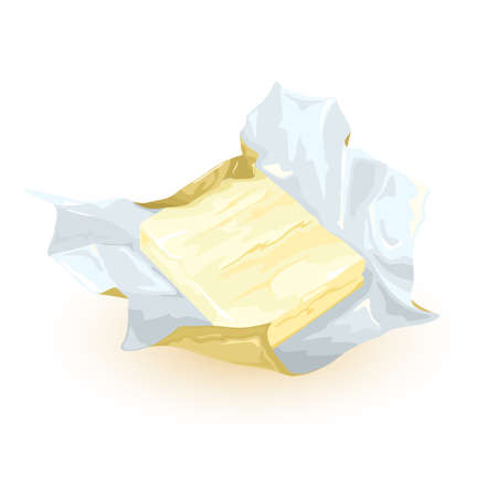 Tasty component of morning breakfast. Vector animal fat, delicious paste spread on toast, quick lunch idea, margarine for bakery, cooking design. Isolated on white backgroundのイラスト素材