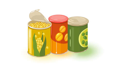 Cartoon of tin containers with boiled corn and green beans. Vector summer preservation, grandmother conserve, farm product, harvesting for winter. Idea of vegetarianism isolated on whiteのイラスト素材