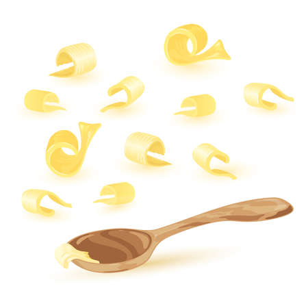 Cartoon creamy butter curl and spoon. Vector rolled slices of fresh milk product, margarine or spread. Twisted pieces of farm dairy products isolated on whiteのイラスト素材