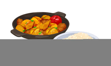 Frying pan with potatoes, pierogi with cherry. Vector pan wok, ukrainian dish, fat and oily dinner, nutritious vegetable meal, cooking idea isolated on white backgroundのイラスト素材