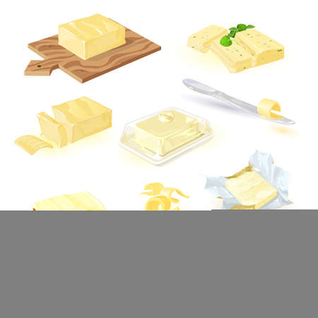 Dairy products collection. Vector butter, spread, or margarine on cutting board with spinach and basil, butter-dish, toast, pack of butter, melted milk product isolated on white. Farm dairy productsのイラスト素材